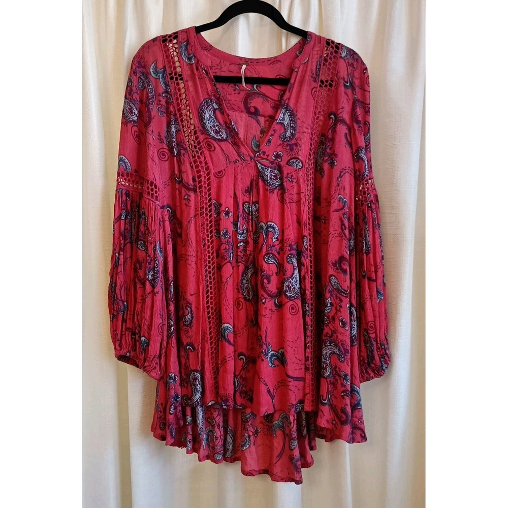 Free People Boho Mini Dress Women's XS Pink Paisley‎ Floral Long Sleeve Cottage